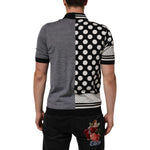 Back view of Dolce & Gabbana Black White Polka Dot Collared Polo T-shirt with button closure and logo details