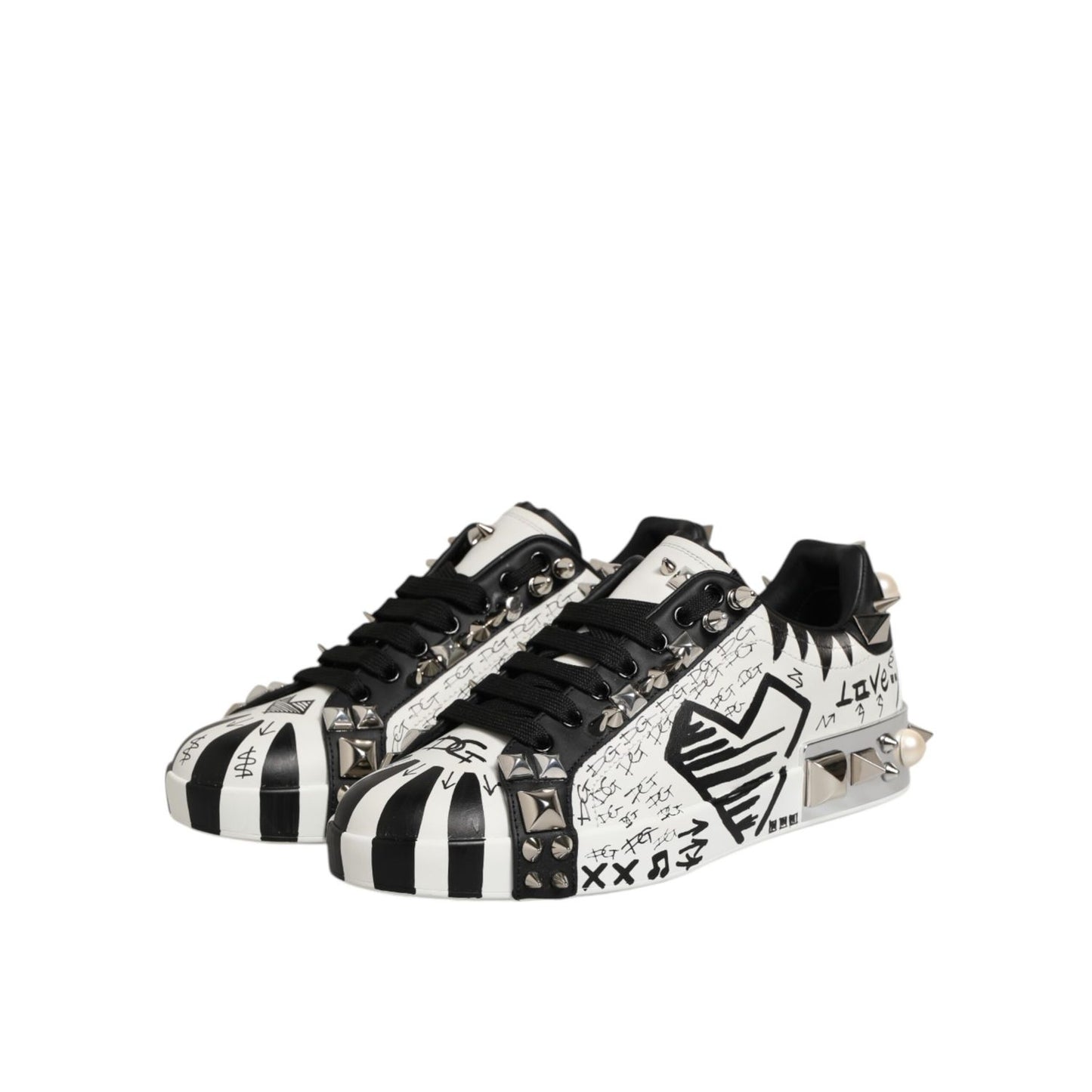 Dolce & Gabbana Black White Studded Low Top Sneakers Shoes