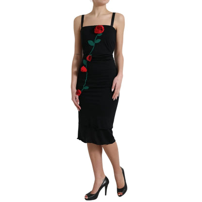 Dolce & Gabbana Black Wool Sleeveless Rose Applique Dress