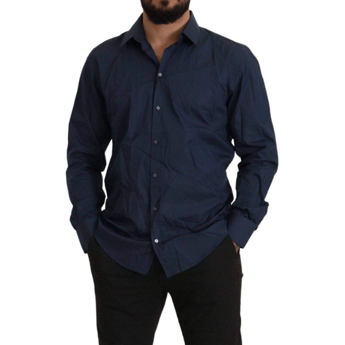 Dolce & Gabbana Blue Cotton MARTINI Slim Fit Dress Shirt, front view showcasing elegant design and button closure.