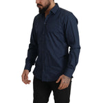Dolce & Gabbana Blue Cotton MARTINI Slim Fit Dress Shirt on model; elegant Italian design, 100% cotton, logo details, front button closure.