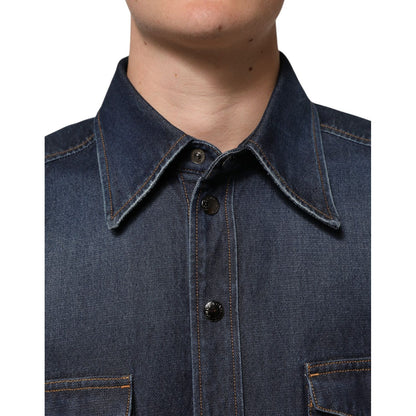 Dolce & Gabbana Blue Denim Button Casual Logo Patch Men Shirt