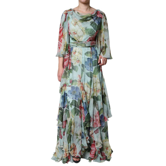 Dolce & Gabbana Blue Floral Print Tiered Long Maxi Dress with flowing tiers and vibrant multicolor floral pattern.
