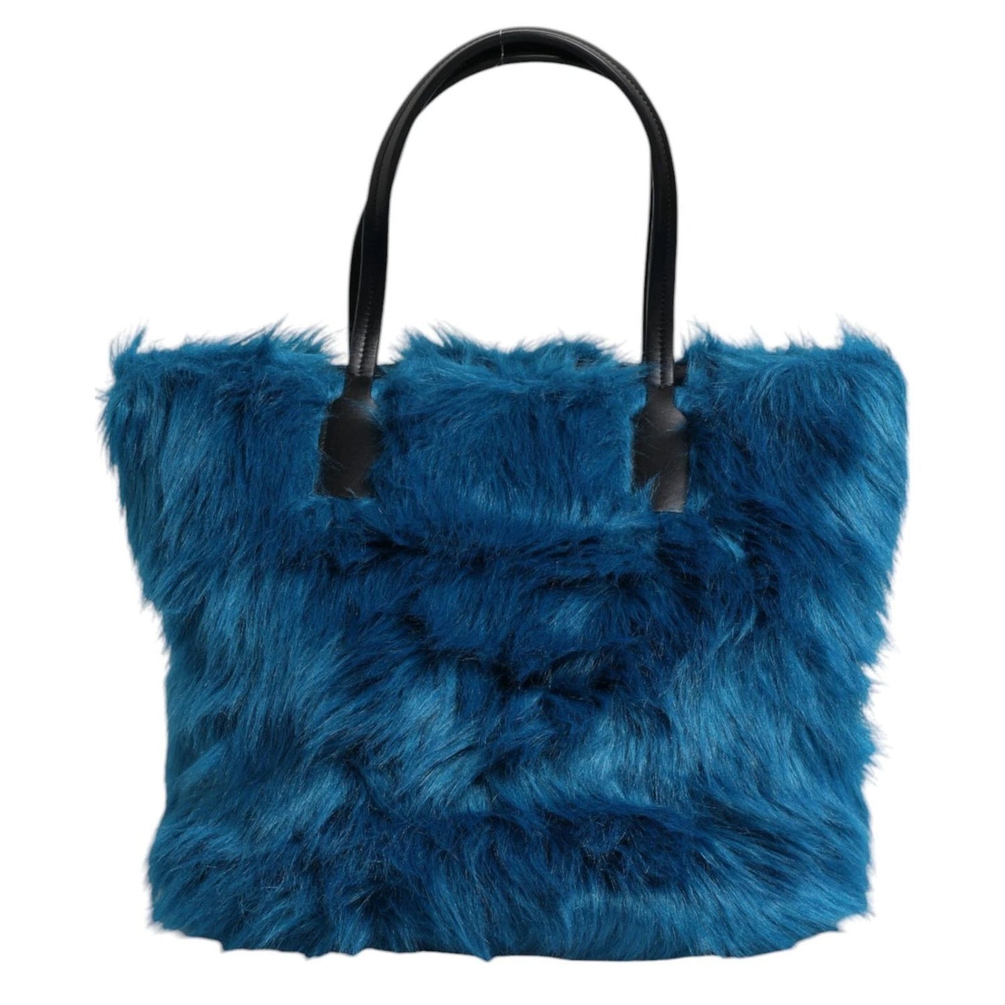 Dolce & Gabbana Blue Fur Logo Plaque Double Handle Shoulder Bag with silver detailing and leather handles, made in Italy.