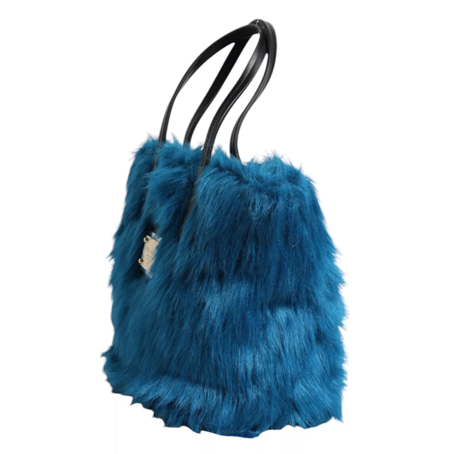 Dolce & Gabbana Blue Fur Logo Plaque Double Handle Shoulder Bag