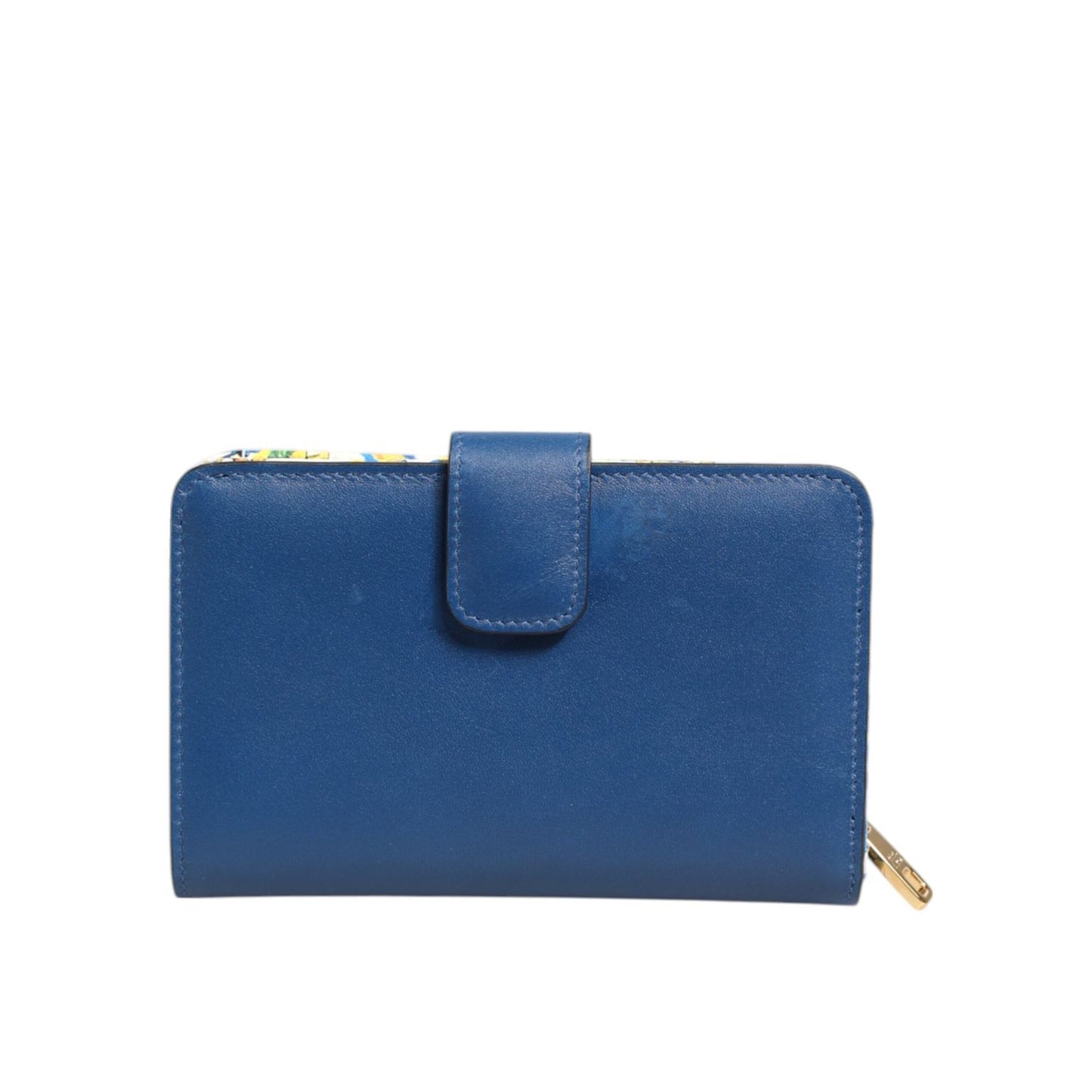 Dolce & Gabbana Blue Leather Continental Tile Print Zip Card Holder Purse Wallet with snap closure and vibrant interior.