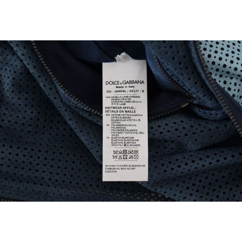 Dolce & Gabbana Blue Leather Perforated Full Zip Jacket