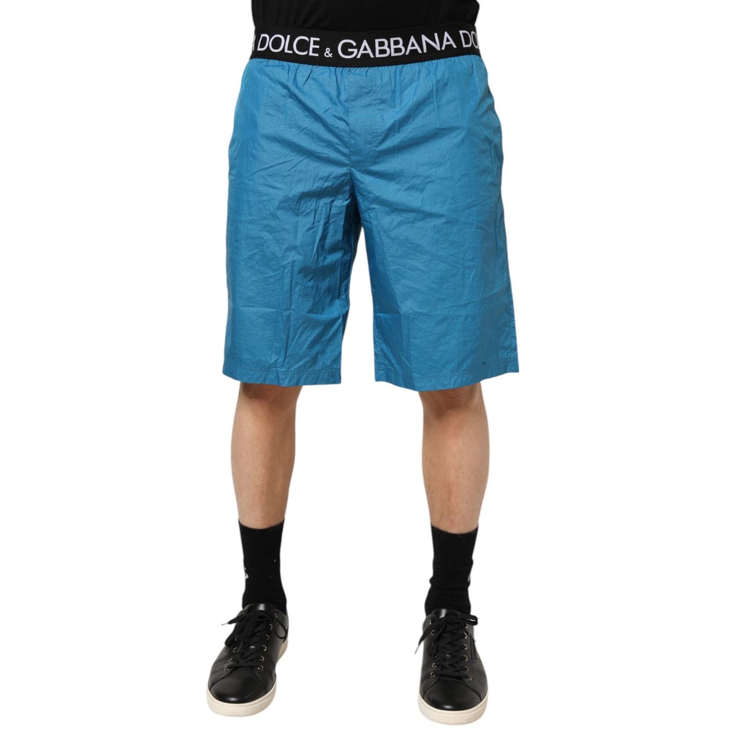 Dolce & Gabbana Blue Logo Waistband Beachwear Shorts Swimwear, featuring elastic waistband with logo, vibrant blue summer shorts.