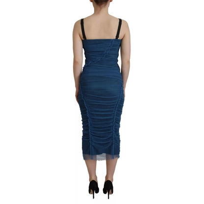 Dolce & Gabbana Blue Mesh Trim Ruched Tulle Sheath Dress