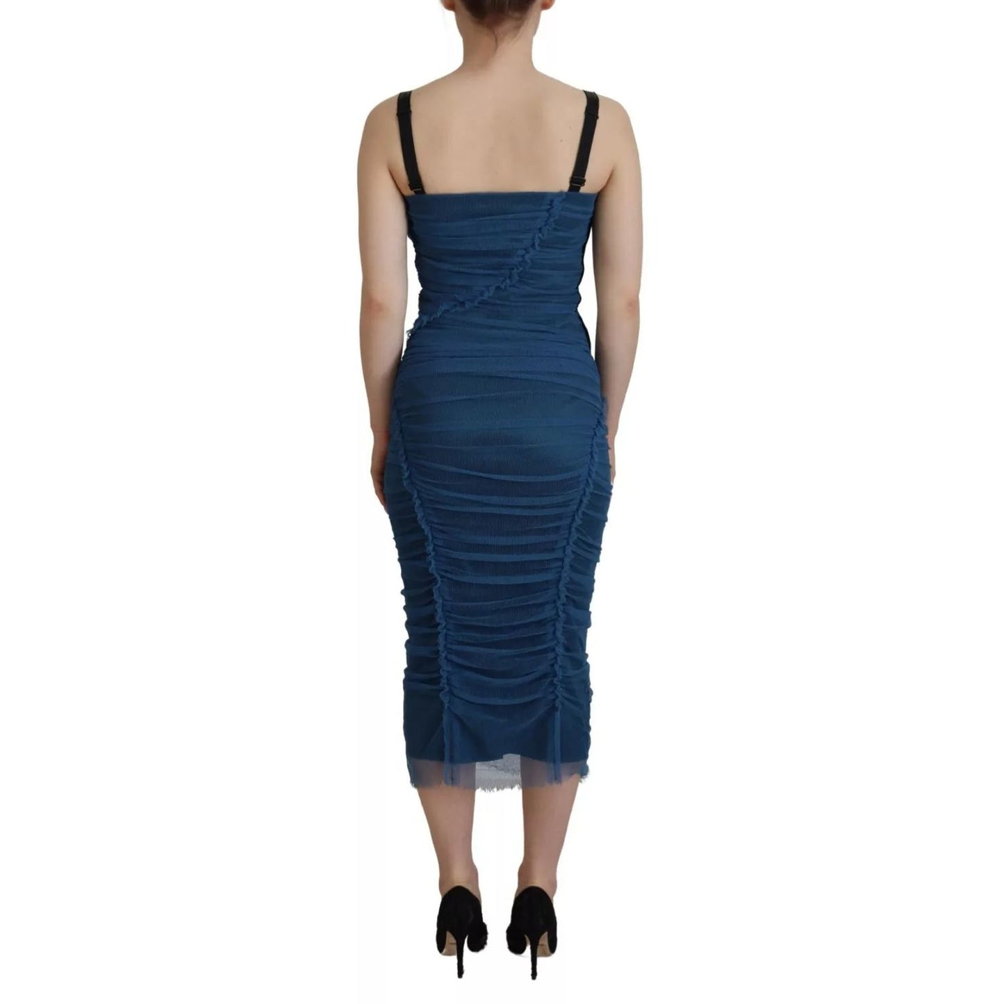 Back view of Dolce & Gabbana Blue Mesh Trim Ruched Tulle Sheath Dress showing ruched detailing and black straps.