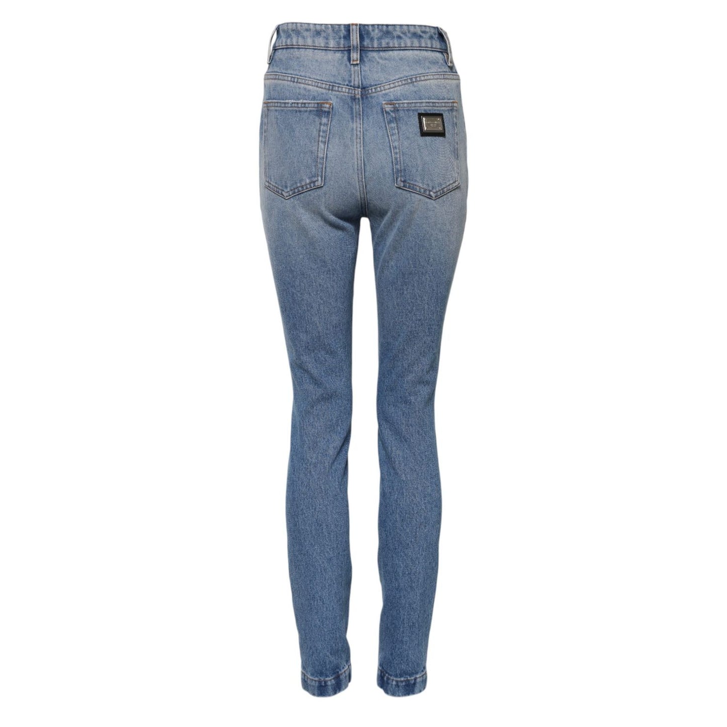 Dolce & Gabbana Blue Washed Skinny High Waist Denim Jeans back view with logo details, made in Italy, crafted from cotton-elastane blend.