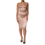 Dolce & Gabbana Blush Pink Silk Satin Bustier Midi Bodycon Dress on model, elegant evening wear