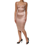 Dolce & Gabbana Blush Pink Silk Satin Bustier Midi Bodycon Dress on mannequin, highlighting elegant design and feminine fit.