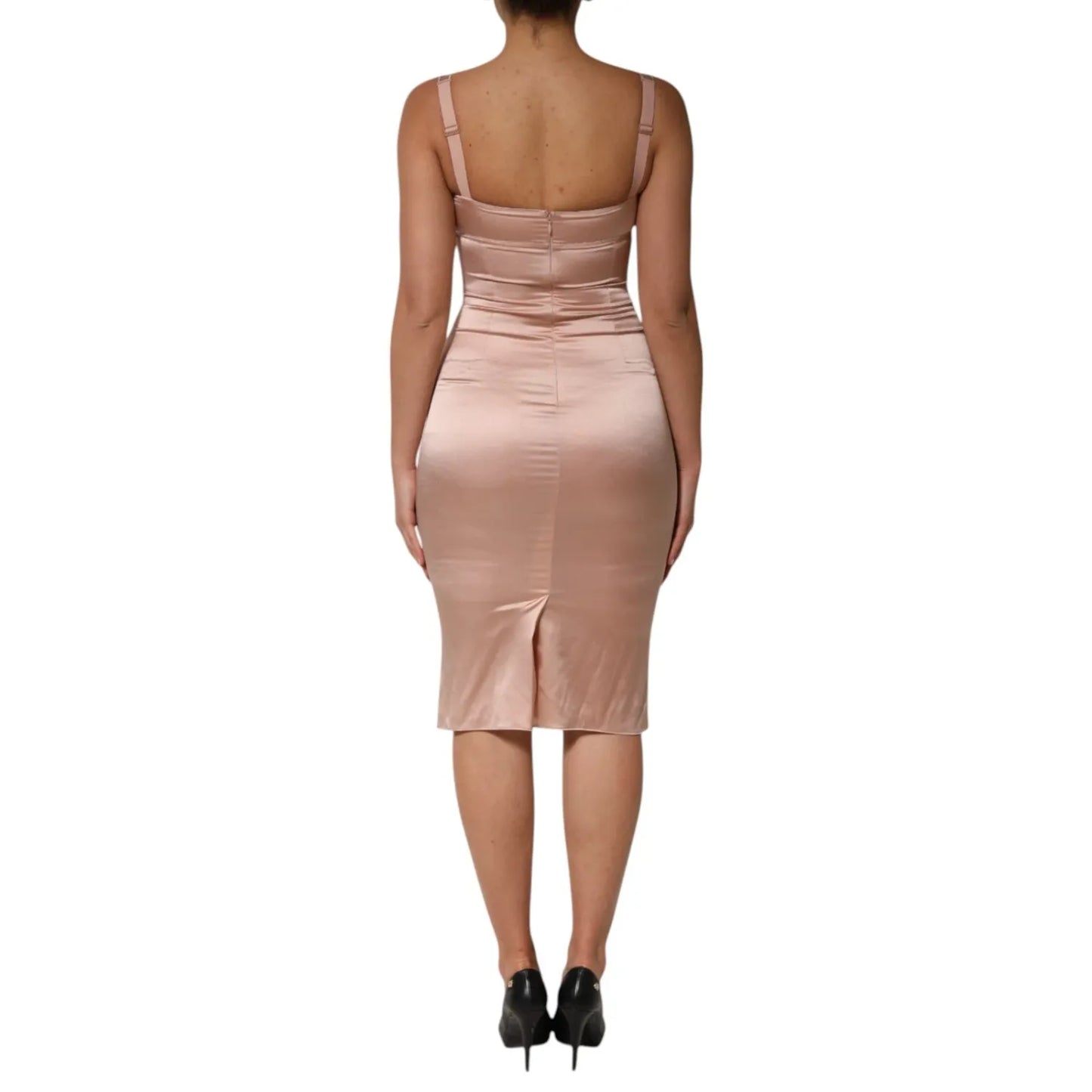 Back view of Dolce & Gabbana Blush Pink Silk Satin Bustier Midi Bodycon Dress, showcasing elegant design and luxurious fabric.