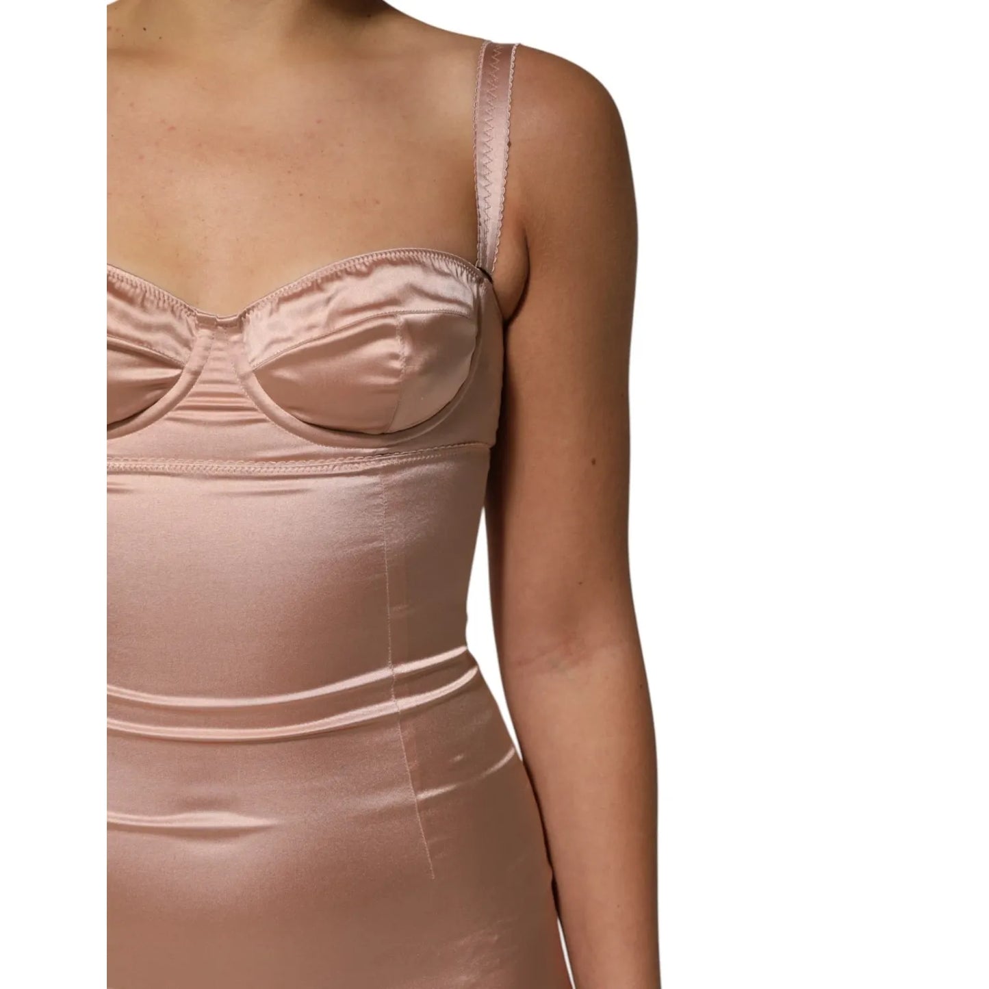 Dolce & Gabbana Blush Pink Silk Satin Bustier Midi Bodycon Dress close-up showing bodice detail and luxurious fabric.