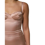 Dolce & Gabbana Blush Pink Silk Satin Bustier Midi Bodycon Dress close-up showing bodice detail and luxurious fabric.