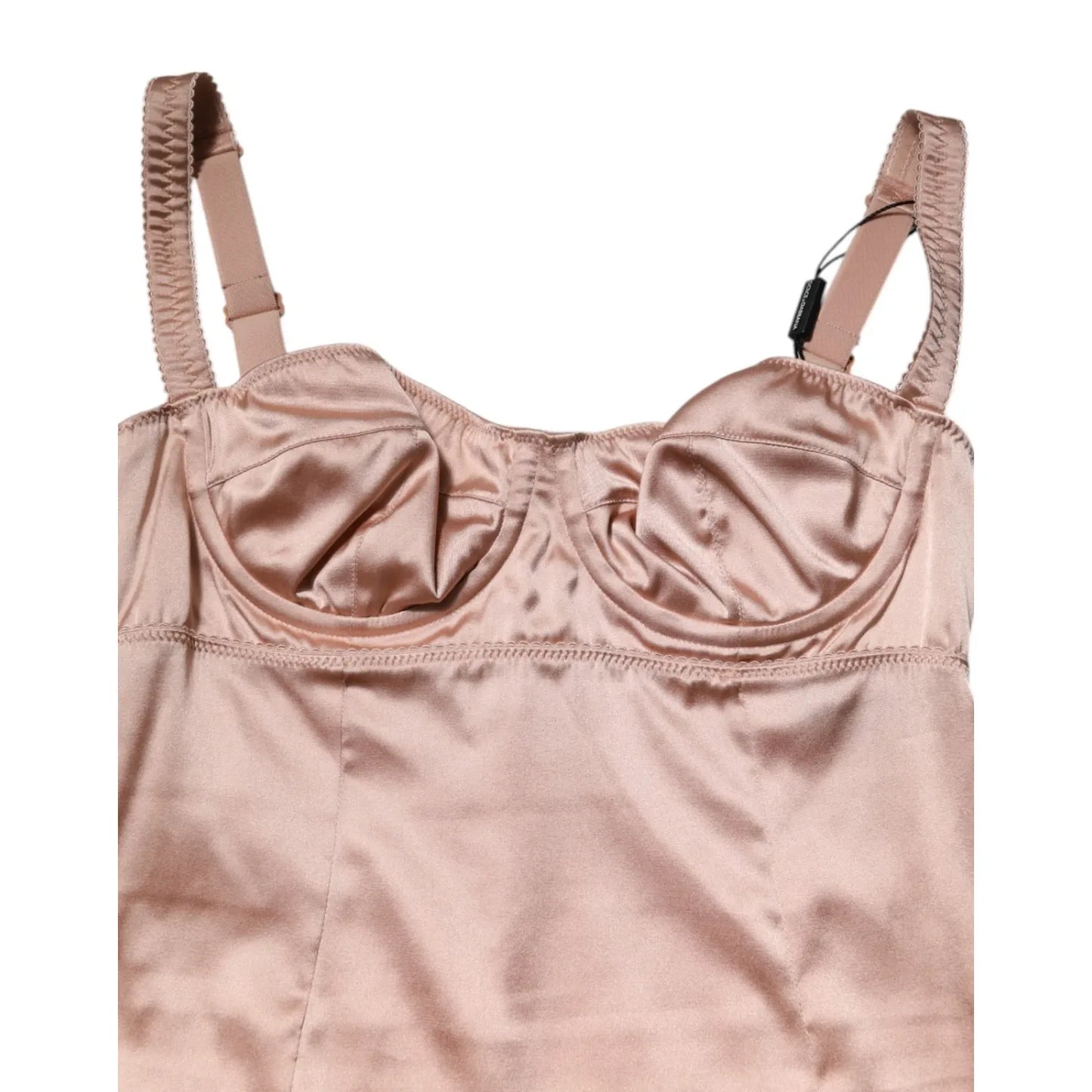 Dolce & Gabbana Blush Pink Silk Satin Bustier Midi Bodycon Dress featuring a structured bodice, Italian craftsmanship, and elegant silhouette.