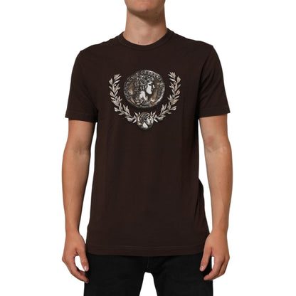 Dolce & Gabbana Brown Coin Laurel Print Men Crew Neck T-shirt