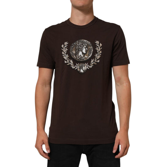 Dolce & Gabbana Brown Coin Laurel Print Men Crew Neck T-shirt with intricate design, perfect for refined casual style.