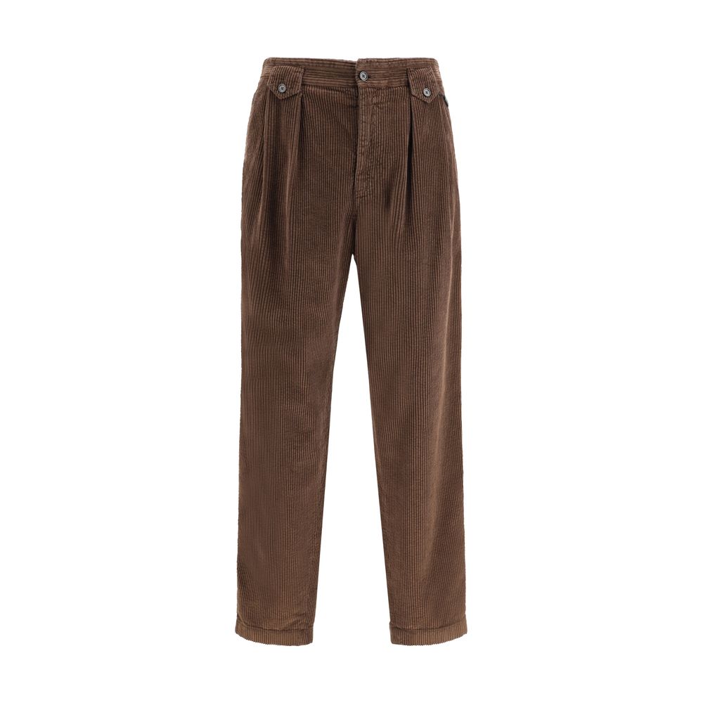 Dolce & Gabbana Brown Cotton Casual Pants with baggy design, button closure, and welt pockets for contemporary style.