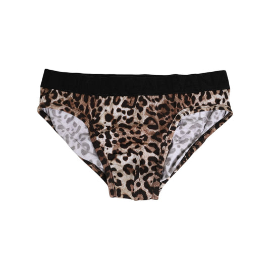 Dolce & Gabbana Brown Cotton Leopard Logo Midi Brief Underwear, Italian made, soft cotton-stretch, leopard print design, comfort-focused.