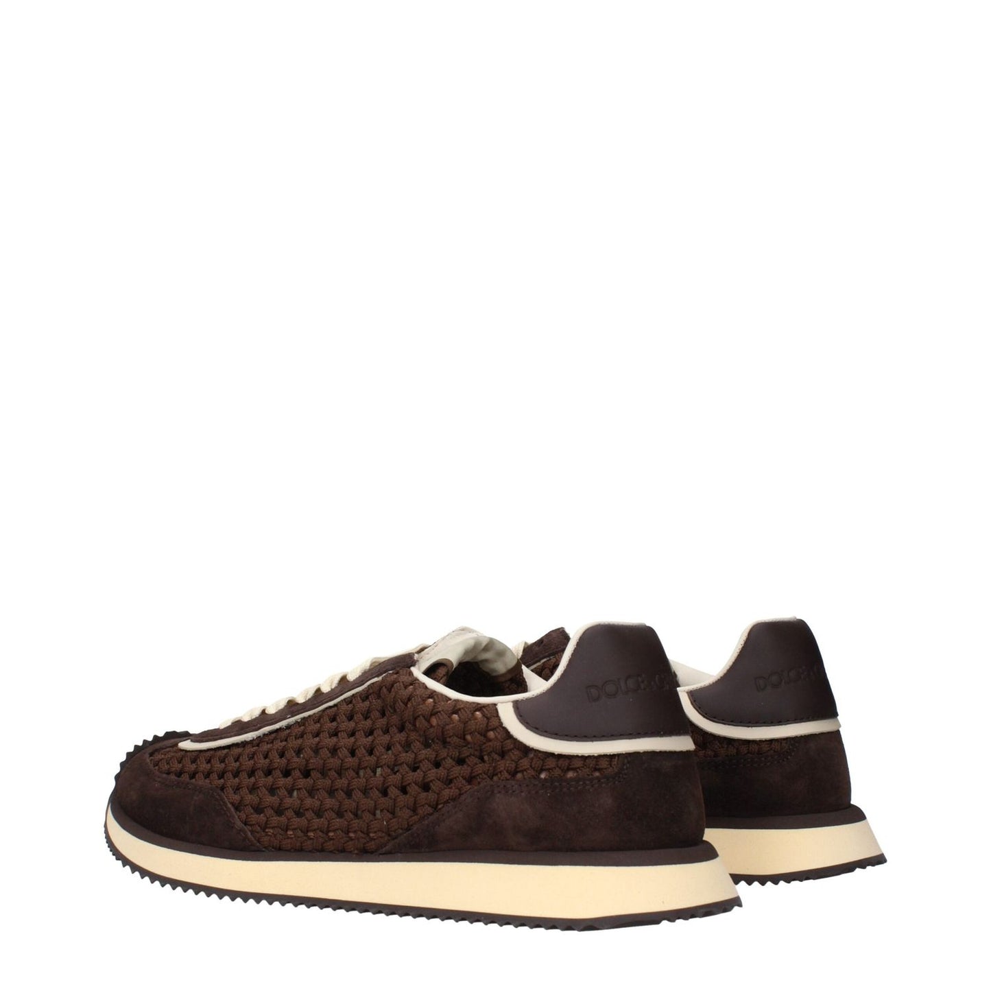 Dolce & Gabbana Brown Fabric Low Top Sneakers with front and back logo detailing, side view showing woven texture.