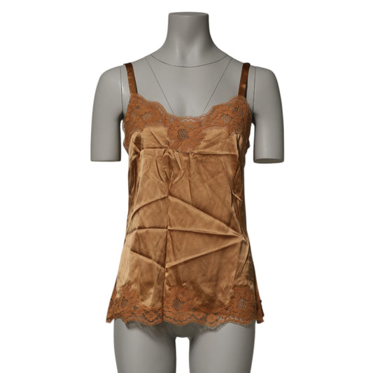 Dolce & Gabbana Brown Floral Lace Tank Lingerie Sleepwear Underwear satin top with heart neckline.