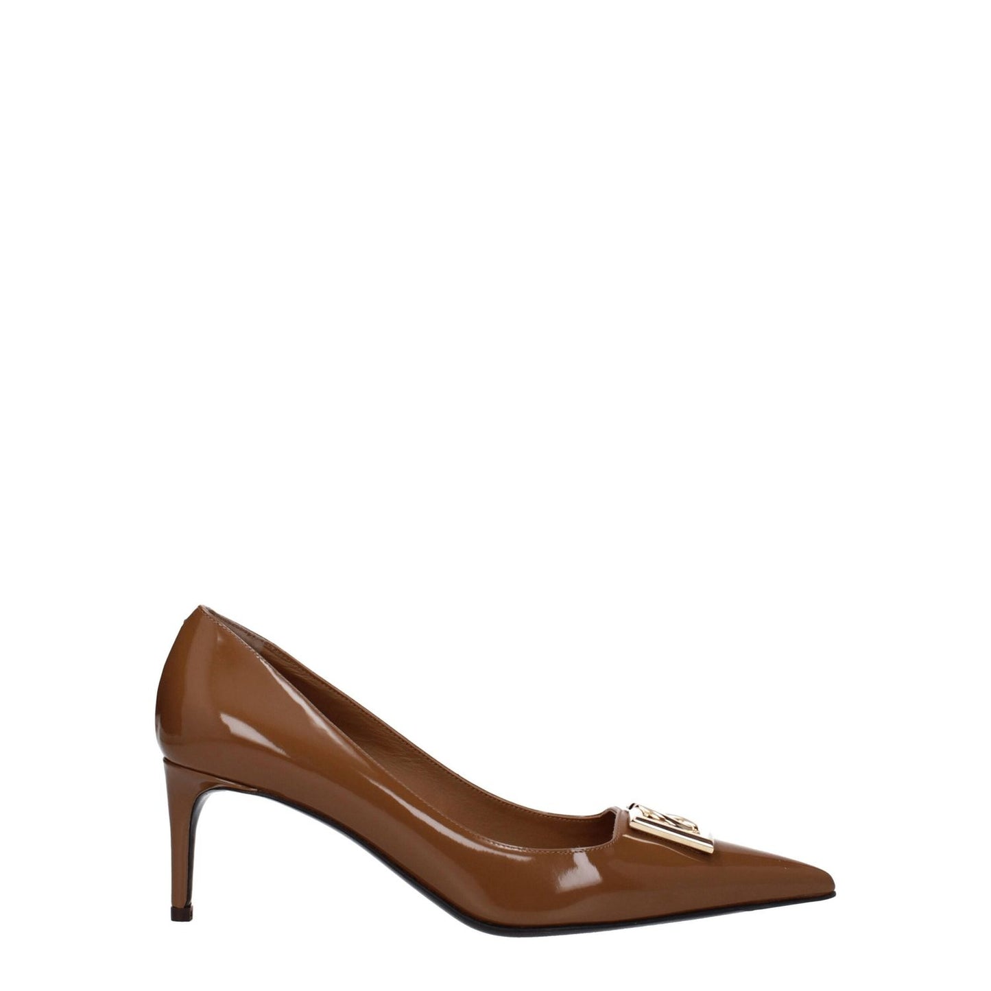 Dolce & Gabbana Brown Leather High Heel Pumps with front logo, pointy toe, and mid heels. Stylish leather shoe for fashion enthusiasts.