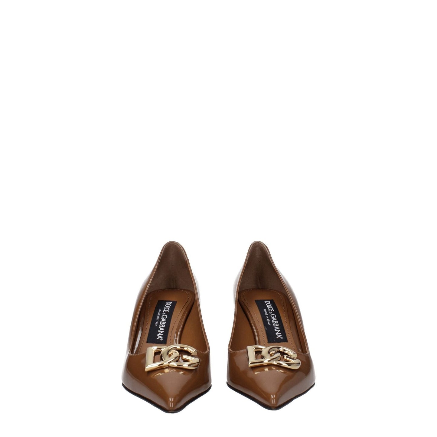 Dolce & Gabbana Brown Leather High Heel Pumps with front logo, pointy toe, mid heels, and caramel accents.
