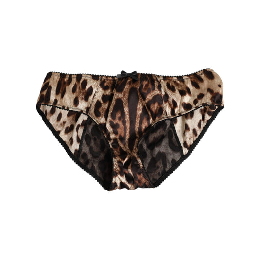 Dolce & Gabbana Brown Leopard Silk Mid Waist Panty Underwear in signature print, luxurious silk, model brief, Made in Italy.