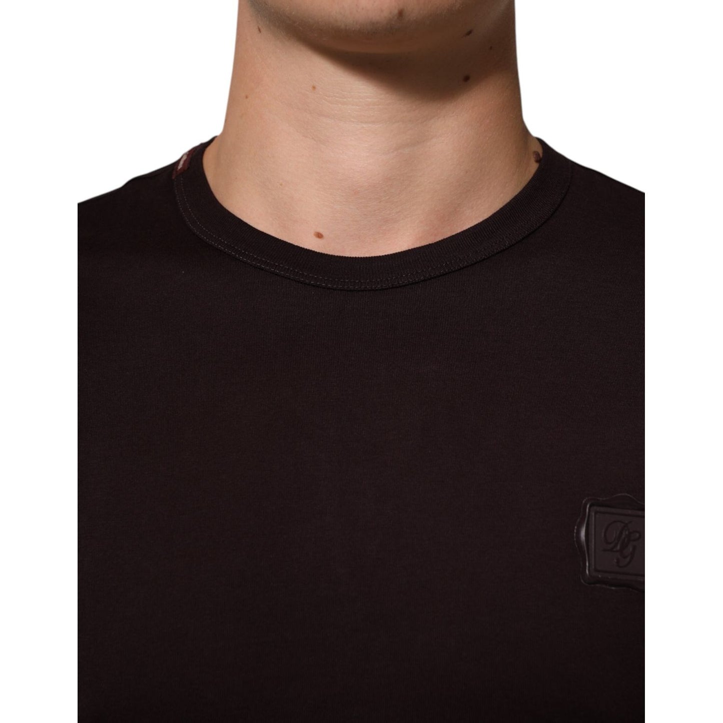 Dolce & Gabbana Brown Logo Plaque Cotton Crew Neck T-shirt with short sleeves and signature chest logo plaque, showcasing luxury fashion.