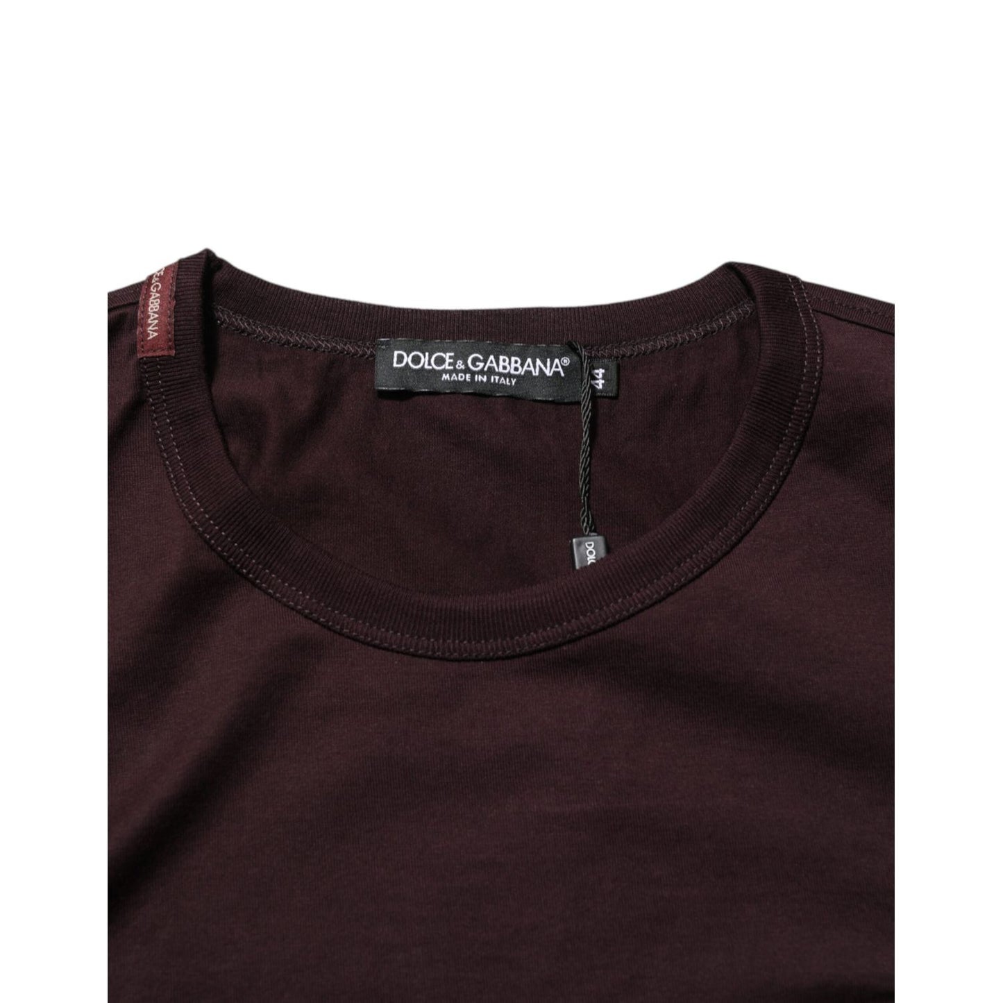 Dolce & Gabbana Brown Logo Plaque Cotton Crew Neck T-shirt with tag and label detailing, classic crew neck style.