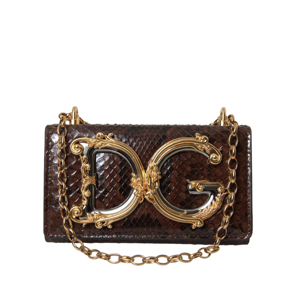 Dolce & Gabbana Brown Python Leather DG Girls Crossbody Phone Bag with metallic logo and chain strap