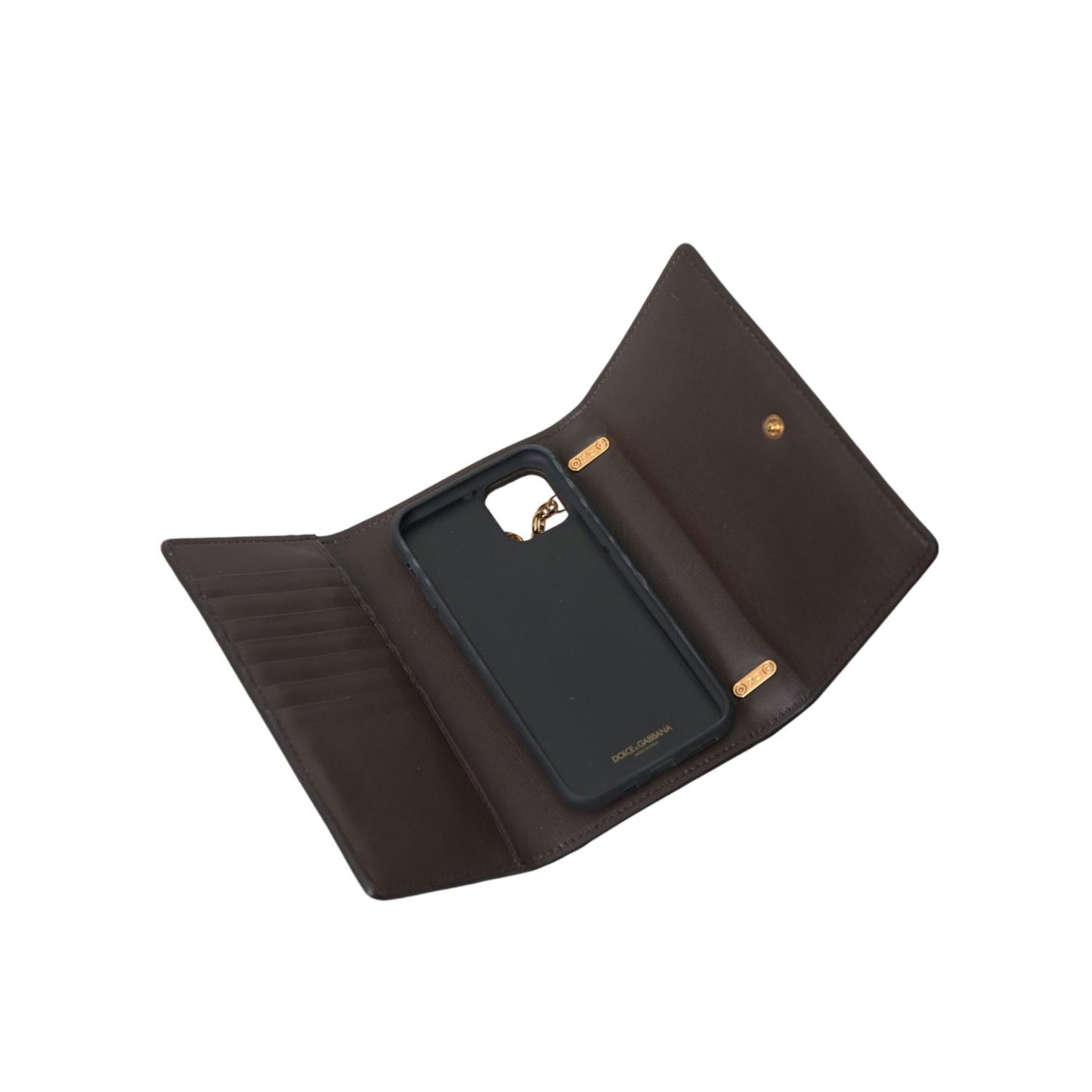 Dolce & Gabbana Brown Python Leather DG Girls Crossbody Phone Bag open view showing interior compartments and phone holder.