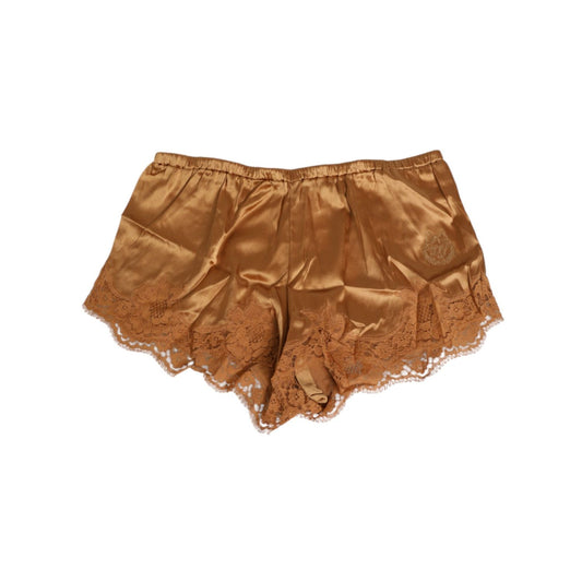 Dolce & Gabbana Brown Silk Satin Floral Lace Shorts Underwear with lace trim and soft fabric, luxurious and elegant sleepwear.