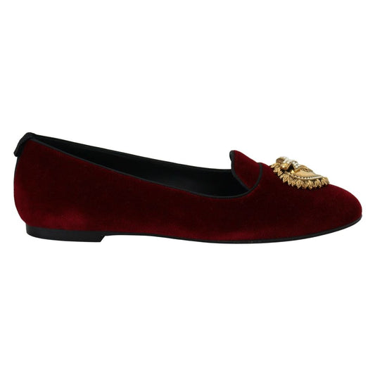 Dolce & Gabbana Burgundy Cotton Slip-On Loafers with gold heart detail, made of cotton and viscose, luxury flat shoes.