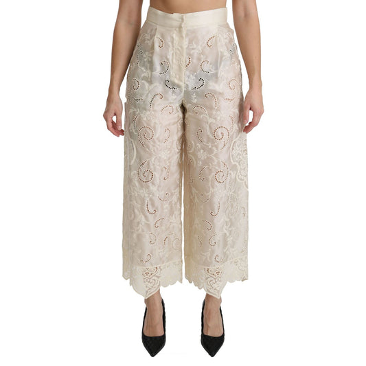 Dolce & Gabbana Cream Lace High Waist Palazzo Cropped Pants