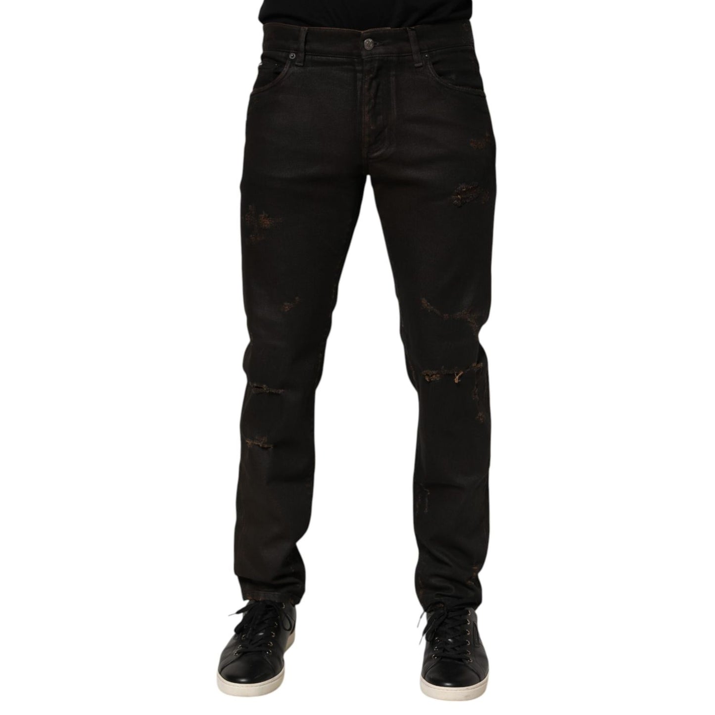 Dolce & Gabbana Dark Brown Tattered Cotton Skinny Denim Jeans