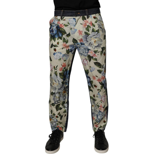 Dolce & Gabbana Beige Blue Floral Cotton Men Denim Jeans