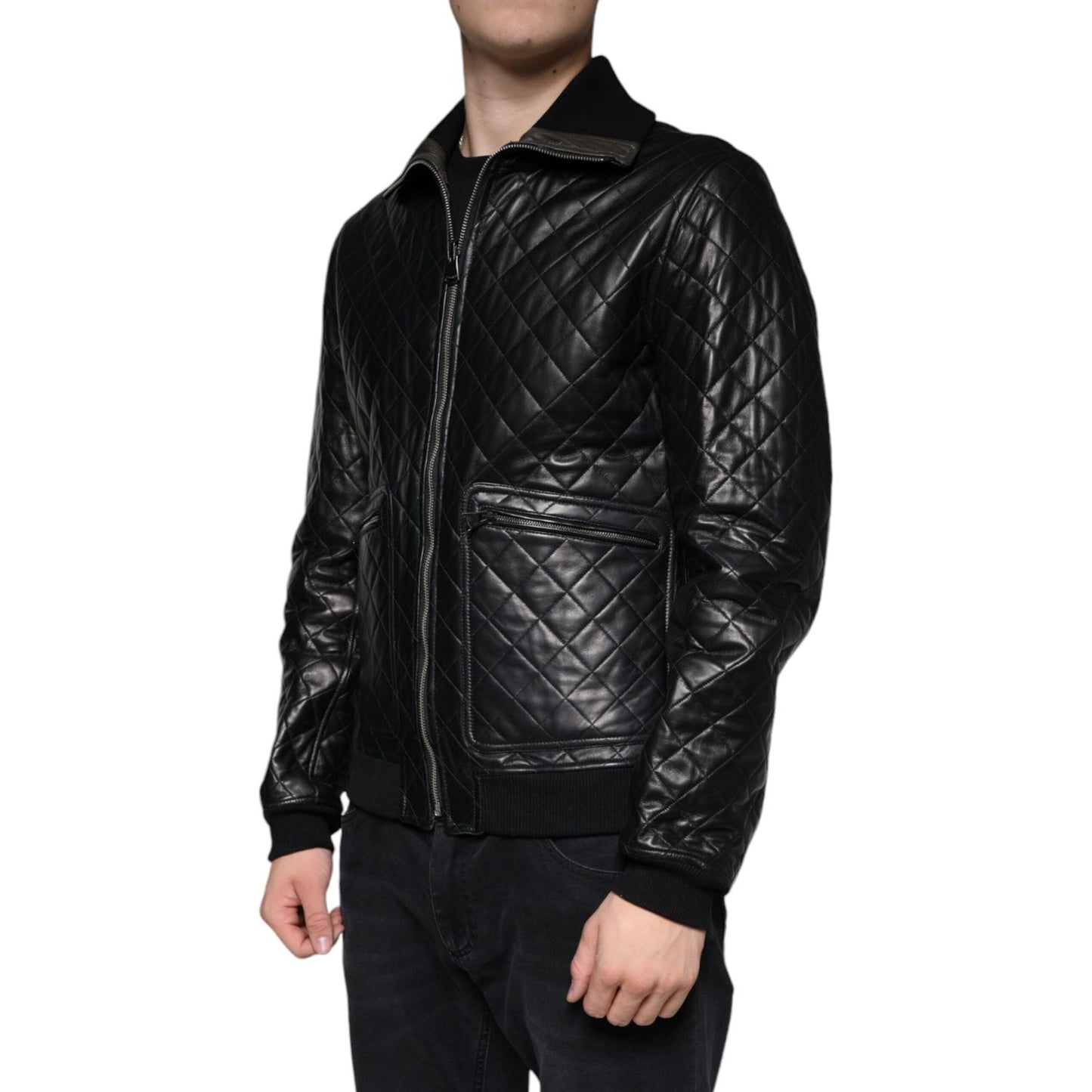 Dolce & Gabbana Black Calf Leather Quilted Full Zip Jacket JKT4086-48