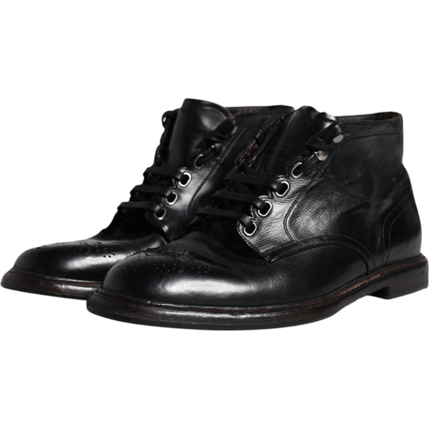 Dolce & Gabbana Black Leather Men Short Boots Lace Up Shoes MV6309-41.5