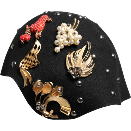 Dolce & Gabbana Dolce & Gabbana Black Wool Multicolor Embellished Cloche Hat HAT9650 1728,67345645728,Accessories,Black,Dolce & Gabbana,Hat - Women - Accessories,Material: 100% Wool,New with tags,Women,Women - Accessories