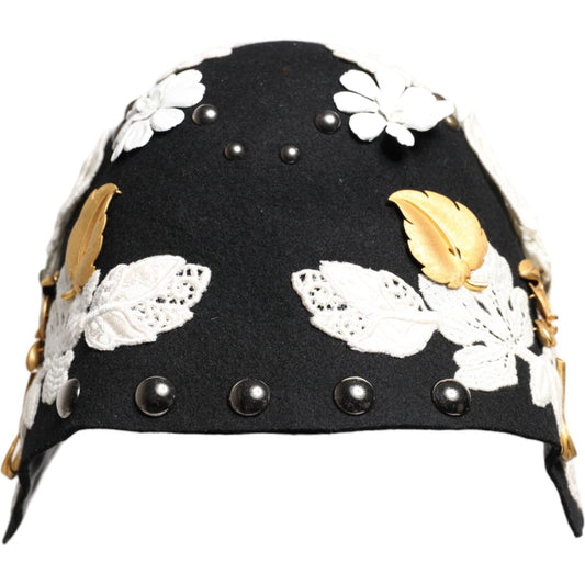 Dolce & Gabbana Dolce & Gabbana Black Wool White Floral Gold Leaf Cloche Hat HAT9649 1728,67345645728,Accessories,Black,Dolce & Gabbana,Hat - Women - Accessories,Material: 100% Wool,New with tags,Women,Women - Accessories