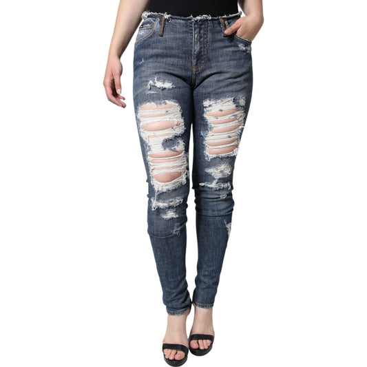 Dolce & Gabbana Blue Cotton Stretch Tattered Skinny Jeans PAN75533-40