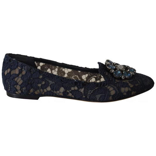 Dolce & Gabbana Blue Crystal Loafer Lace Ballet Flats Shoes