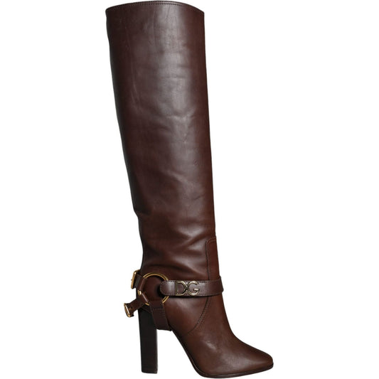 Dolce & Gabbana Brown Leather Gold Tone Logo High Boots Shoes LA11538-37.5