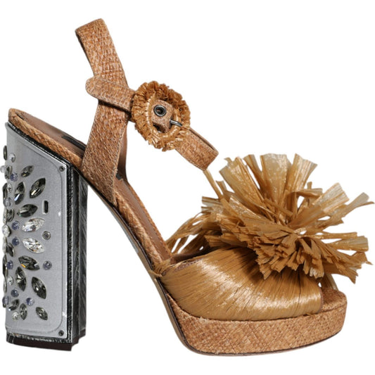 Dolce & Gabbana Dolce & Gabbana Brown Raffia Ankle Strap Crystal Sandals Shoes LA11662-40 1728,67345645728,Brown,Dolce & Gabbana,EU40/US9.5,Material: Raffia,Preowned / Defect,Sandals - Women - Shoes,Women