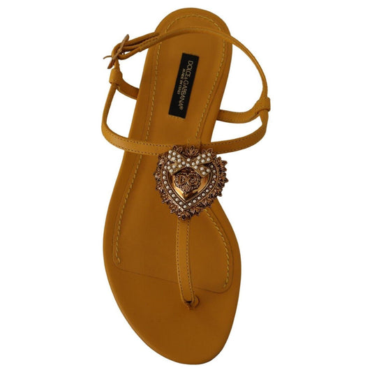 Dolce & Gabbana Mustard T-Strap Flat Sandals with Heart Embellishment LA9729 - 35