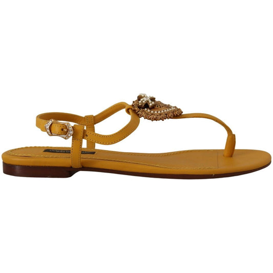Dolce & Gabbana Dolce & Gabbana Mustard T-Strap Flat Sandals with Heart Embellishment LA9729 - 35 1728,67345645728,Dolce & Gabbana,EU35/US4.5,Material: 100% Leather,New with tags,Sandals - Women - Shoes,Women,Yellow