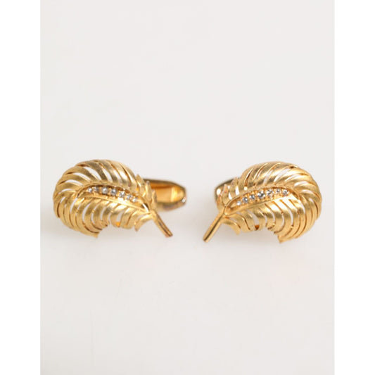 Dolce & Gabbana Gold 925 Sterling Silver Crystal Leaf Accessory Cufflink with delicate design and luxurious finish.